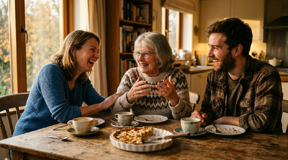 A grandmother tells a story at a wooden dinner table while her adult daughter and adult grandson laugh and add details, warm late afternoon light