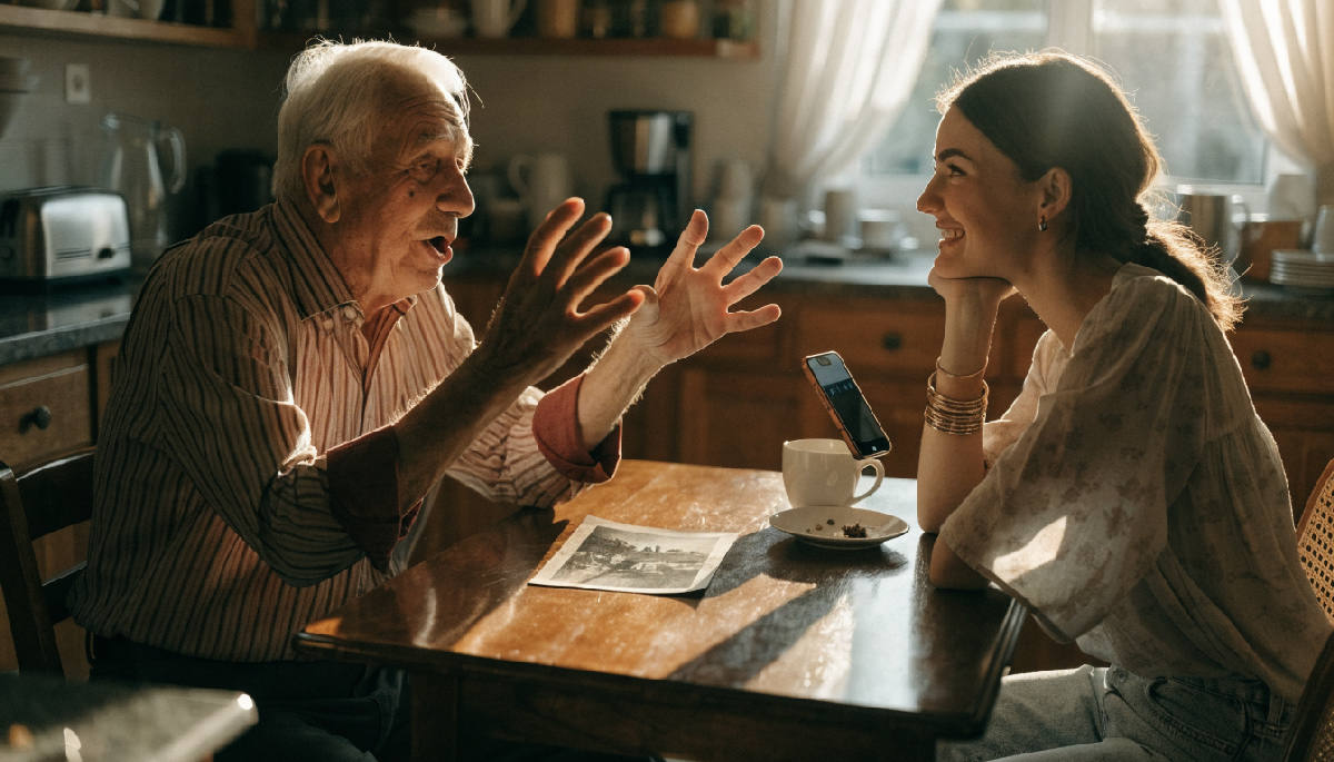 An elderly man at a sunlit kitchen table mid-story, gesturing with his hands over an old black-and-white photograph, his adult granddaughter leaning in to listen, a phone propped against a mug recording