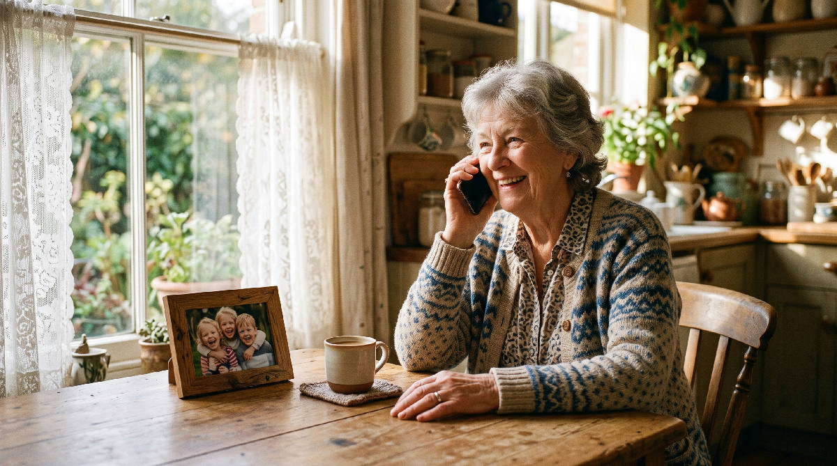 An elderly grandmother sitting at a sunlit wooden kitchen table, phone to her ear, smiling warmly, with a framed photo of her grandchildren beside her