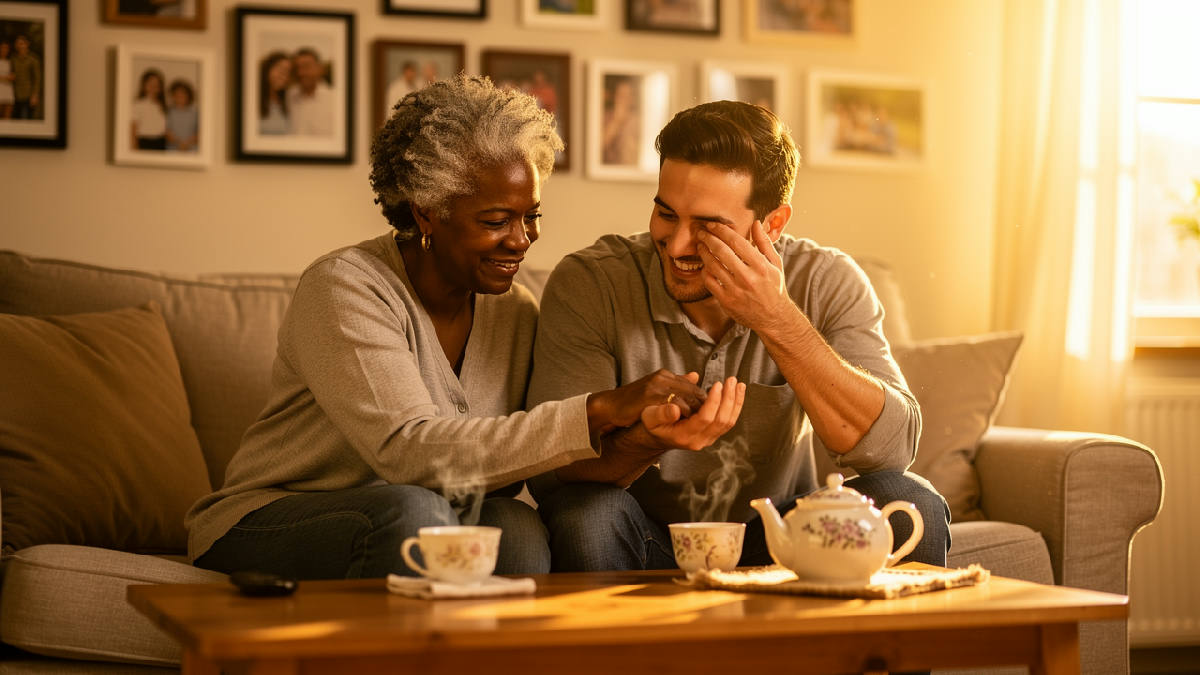 A grandmother in her sixties on a sunlit sofa gently holding the hand of her adult grandson as he wipes a tear and smiles