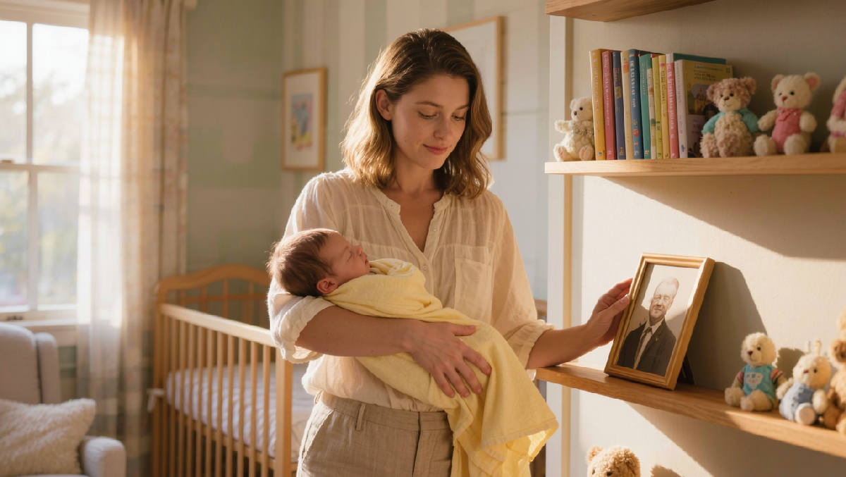 A woman in her early thirties standing in a sunlit nursery, gently touching a small framed sepia photograph of an elderly man while cradling her sleeping newborn