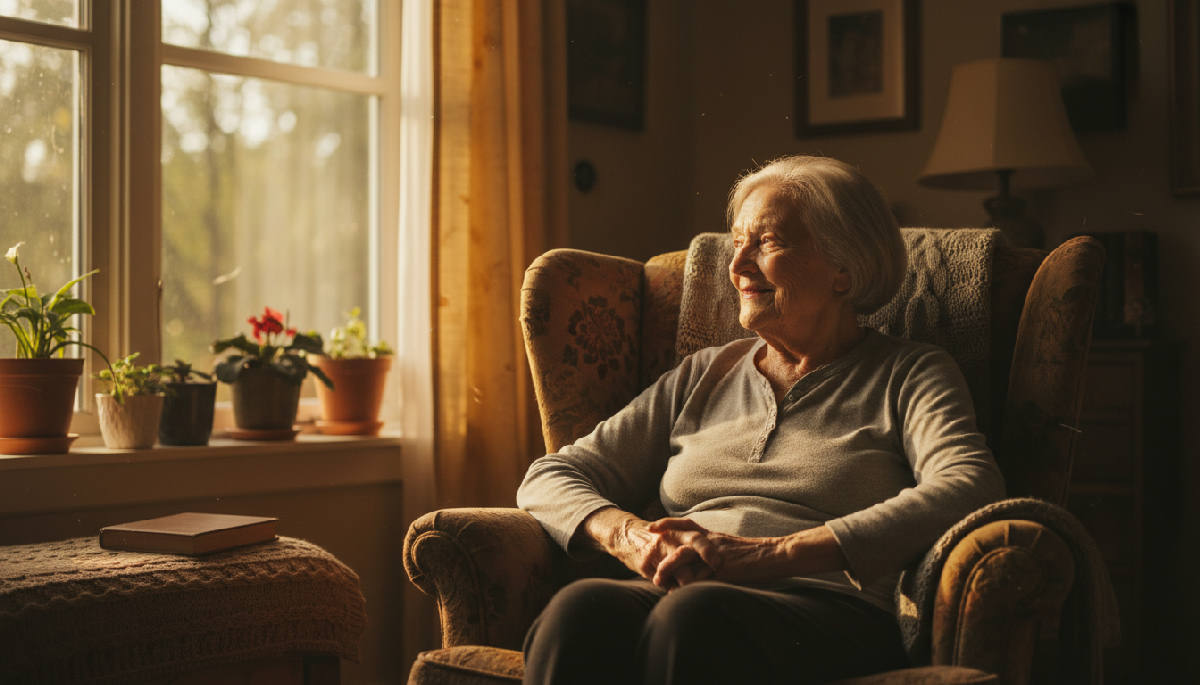 An elderly woman sitting alone in a cozy armchair beside a sun-drenched window, hands folded loosely in her lap, a calm and peaceful expression on her face