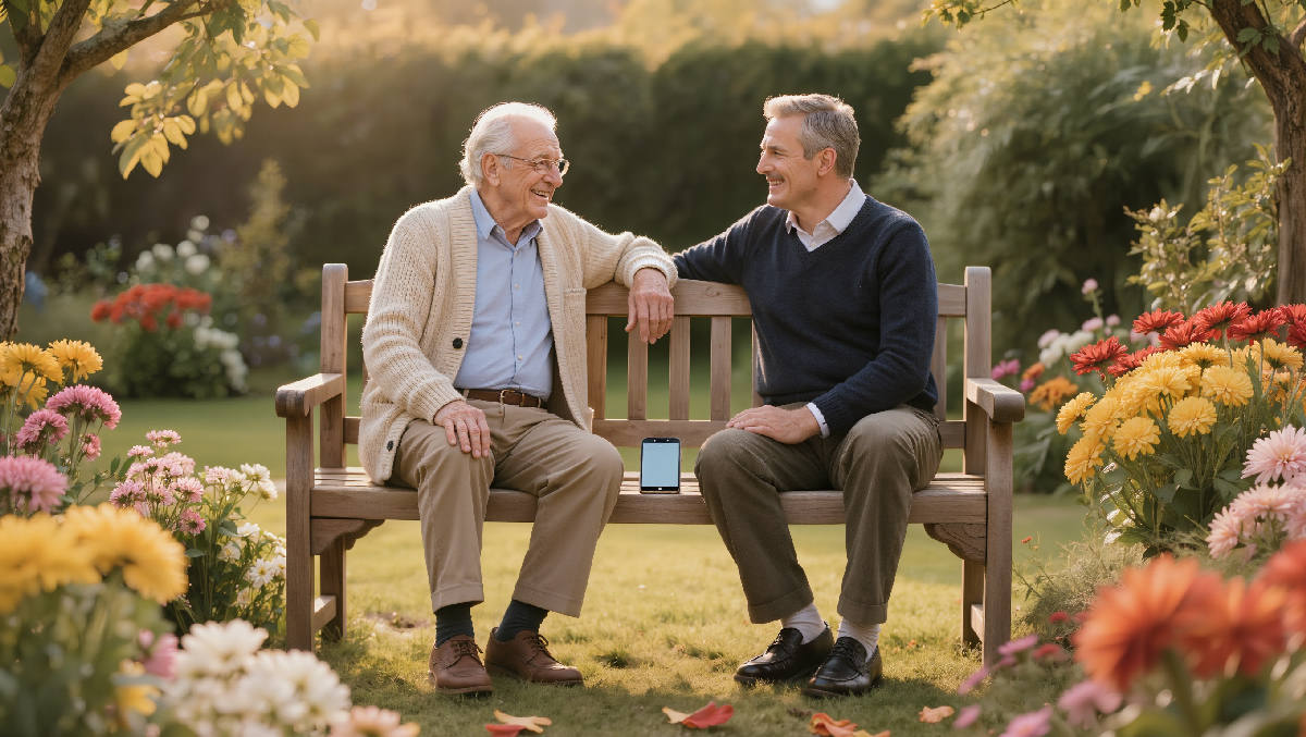 An elderly man and his adult son sitting together on a wooden garden bench surrounded by blooming flowers, mid-conversation in warm late-morning light