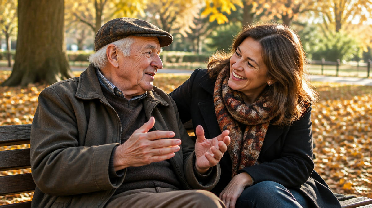An elderly man on a park bench in autumn light, hands mid-gesture as he tells a story to his adult daughter, who leans in laughing