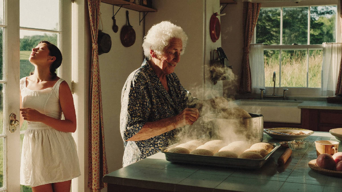 An elderly woman baking in a sunlit farmhouse kitchen, steam rising from a tray of fresh bread, her adult daughter pausing in the doorway with eyes closed, breathing in the smell