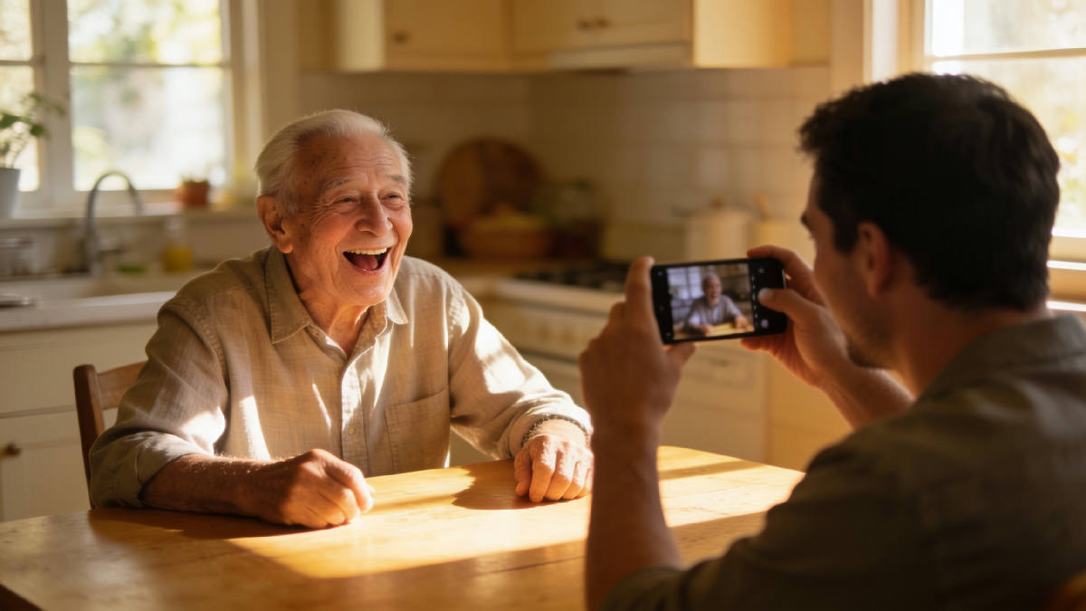 An elderly grandfather mid-laugh at a sunlit kitchen table, his adult grandson across from him holding up a smartphone to record him
