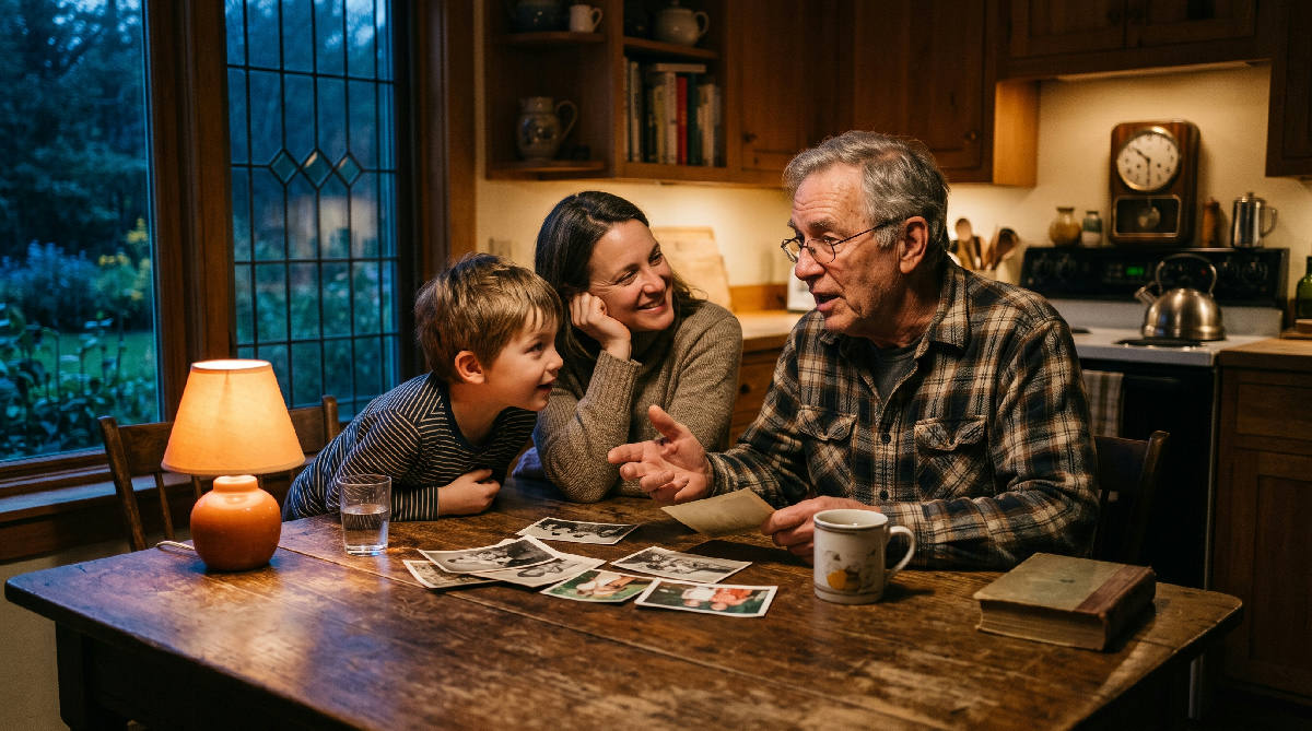 Three generations at a kitchen table in the evening, a grandfather mid story while his daughter and grandson listen closely