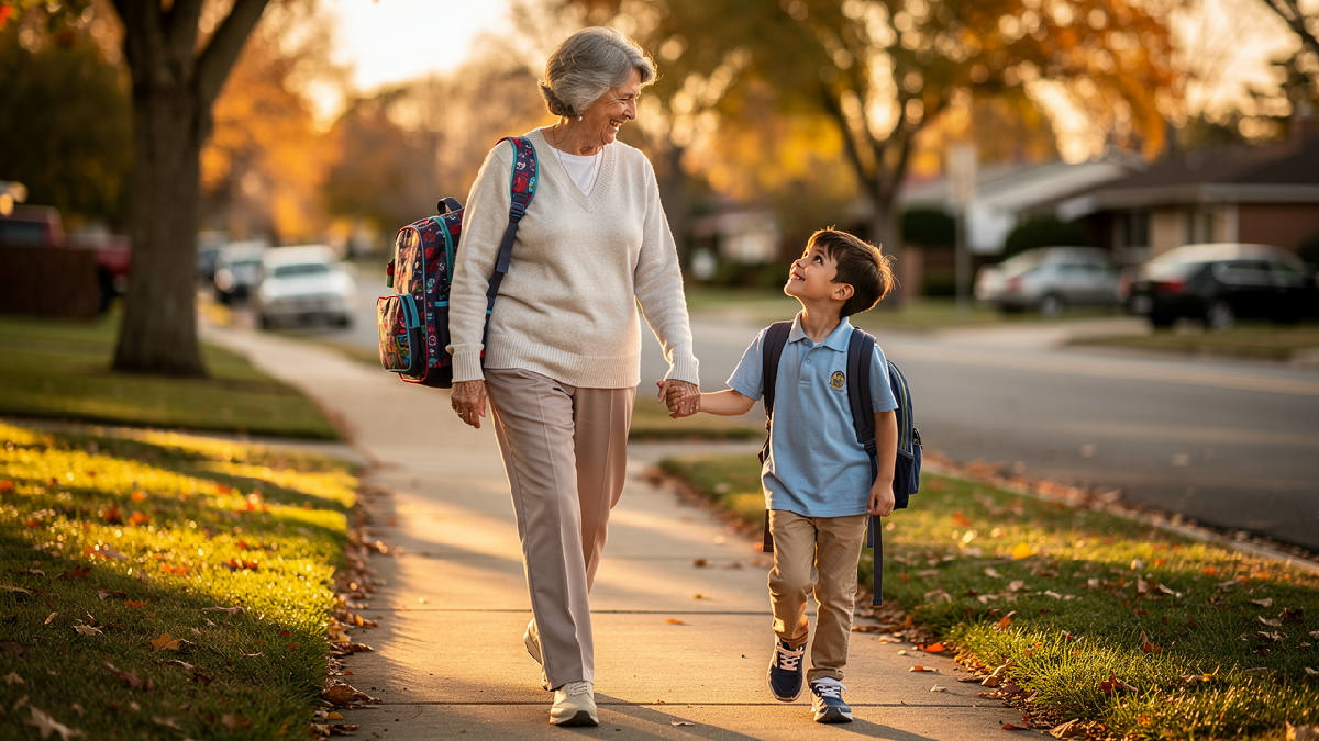 A smiling grandmother in her late sixties walking hand in hand with her school-age grandchild along a sunlit sidewalk after school pickup, backpack over her shoulder, warm golden hour light