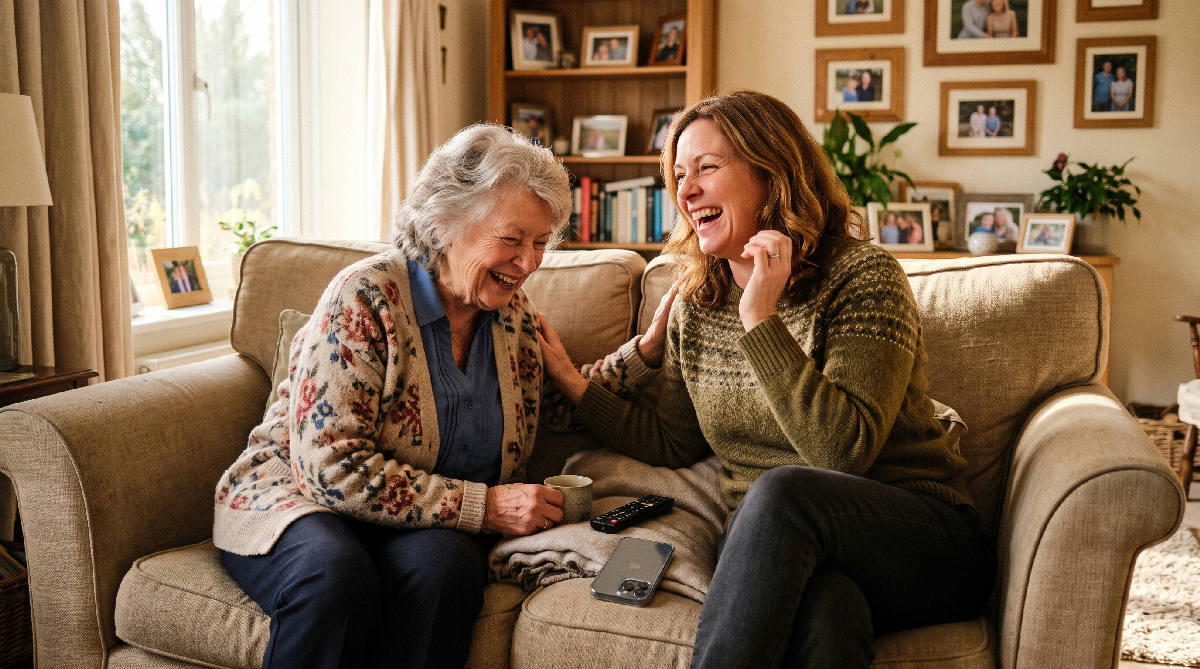 An adult daughter sitting close beside her elderly mother on a sunlit living room sofa, mid laugh sharing a story, a phone resting on the cushion between them