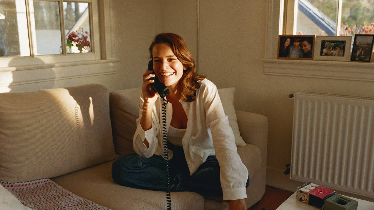 A woman in her mid-thirties sitting on a sunlit living room couch, phone held to her ear, smiling mid-laugh in conversation, family photographs on a shelf behind her