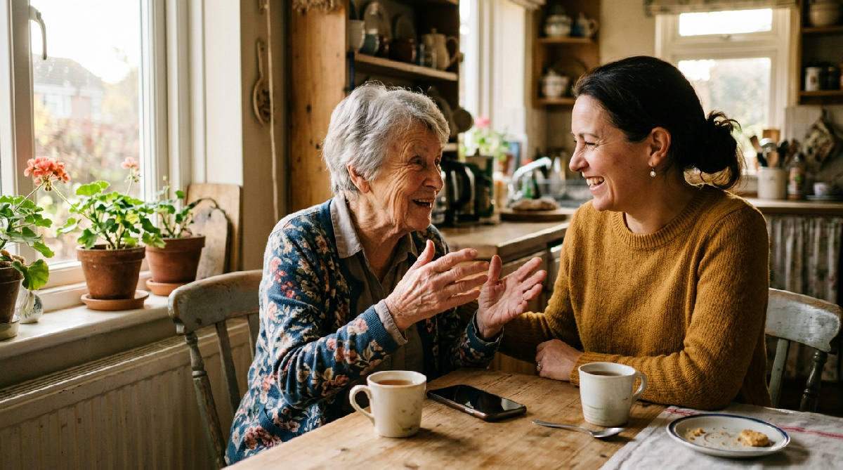 An adult daughter sitting close beside her elderly mother at a sunlit kitchen table, a phone resting face-down and ignored between them, the mother mid-story with an animated expression