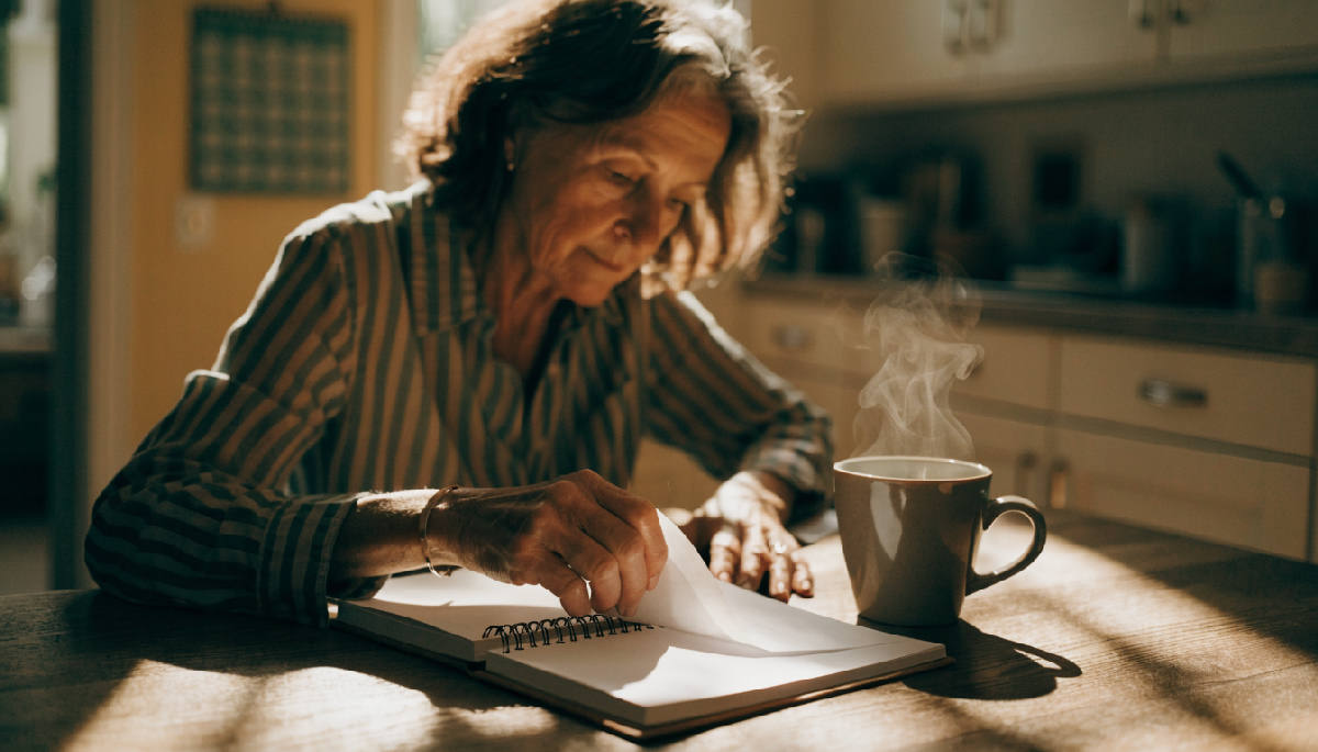A woman in her sixties turns to a fresh blank page in a notebook at a sunlit kitchen table, a mug of tea steaming beside her