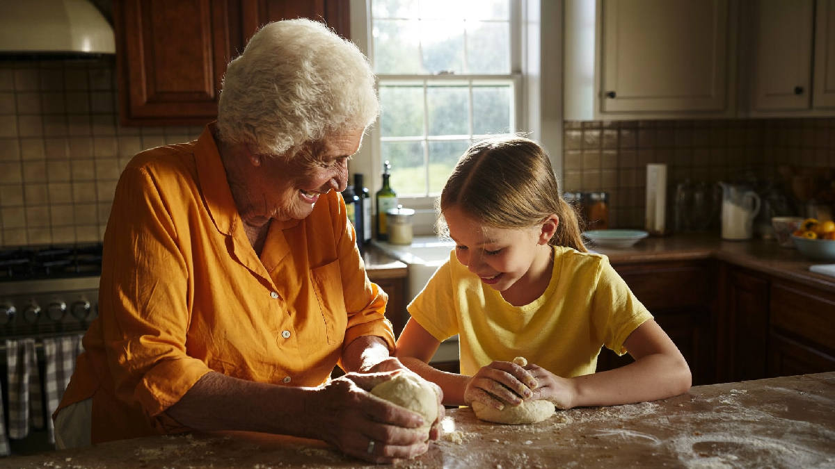 A grandmother in her seventies and her young granddaughter kneading bread dough together at a sunlit farmhouse kitchen counter, flour on their hands, warm morning light