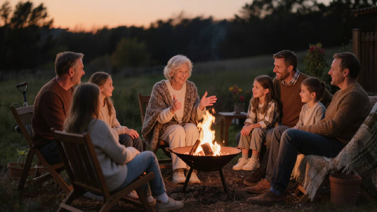An elderly woman in a wool shawl tells a story beside a glowing backyard fire pit at dusk while her adult family listens, faces lit by firelight