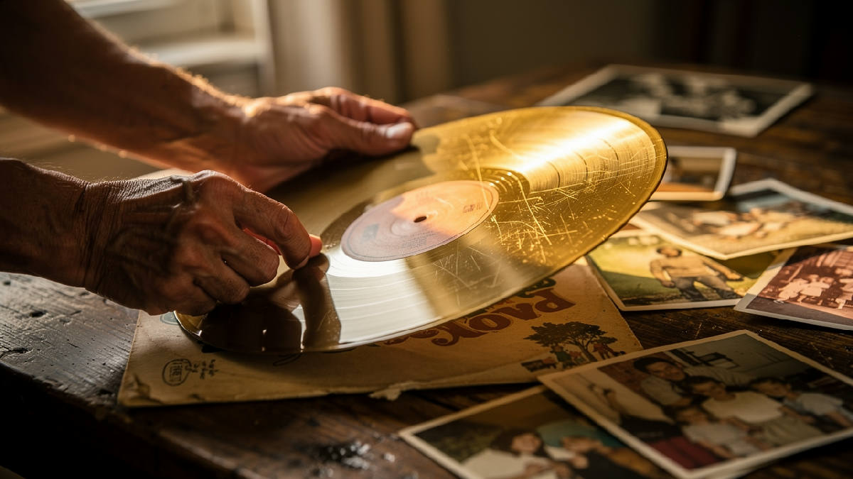 Warm hands gently holding a gold vinyl record up to golden-hour window light, old family photographs scattered on a wooden table