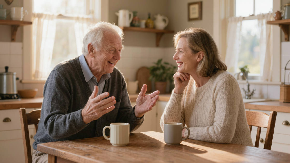 A white-haired man at a wooden kitchen table leans forward laughing as he tells a story with his hands, his adult daughter across from him smiling with her chin in her hand in soft morning light