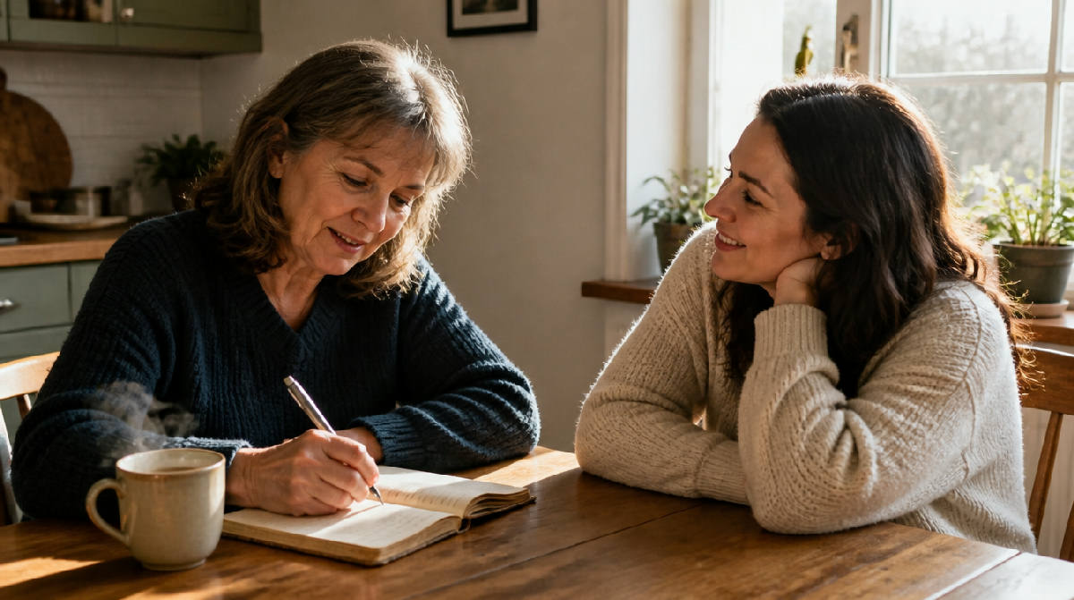 A woman in her late fifties writes in a worn notebook at a sunlit kitchen table while her adult daughter listens and smiles across from her