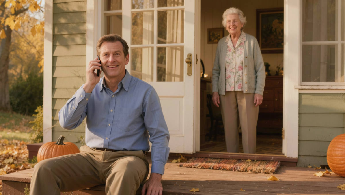 A middle-aged son sitting on the porch steps of his childhood home at golden hour, phone held to his ear, his elderly mother visible through the screen door behind him smiling