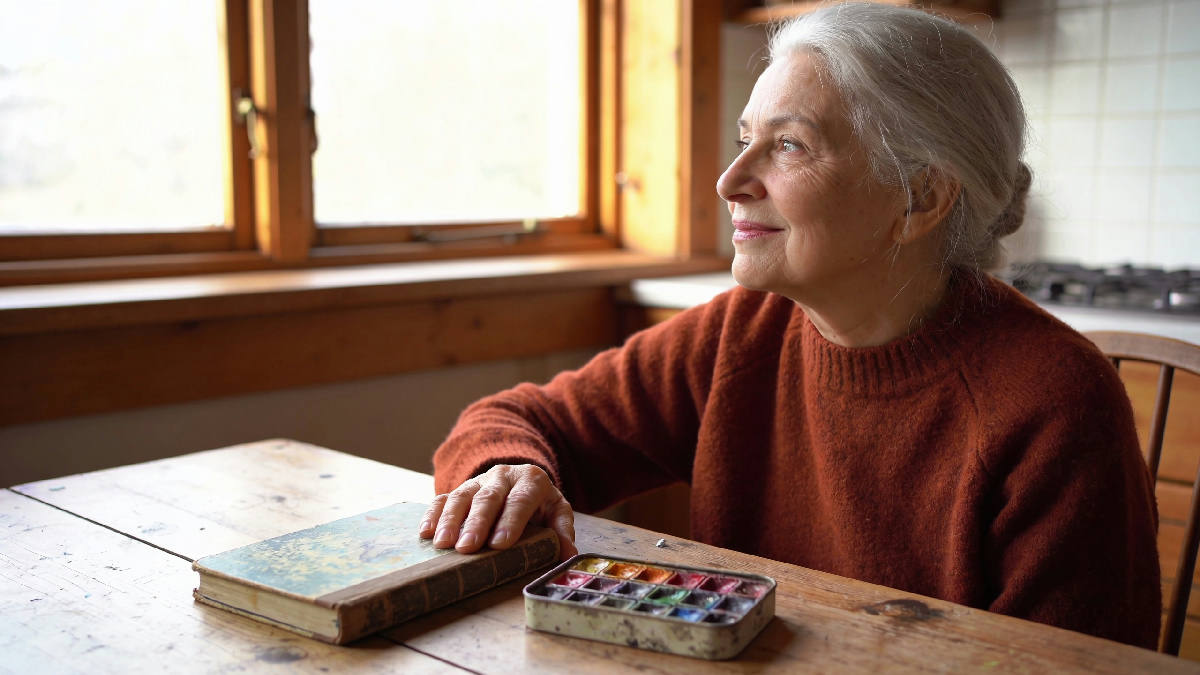 An elderly woman in a rust-colored sweater rests her hand on an old sketchbook beside a tin of watercolor paints, gazing thoughtfully out a sunlit kitchen window