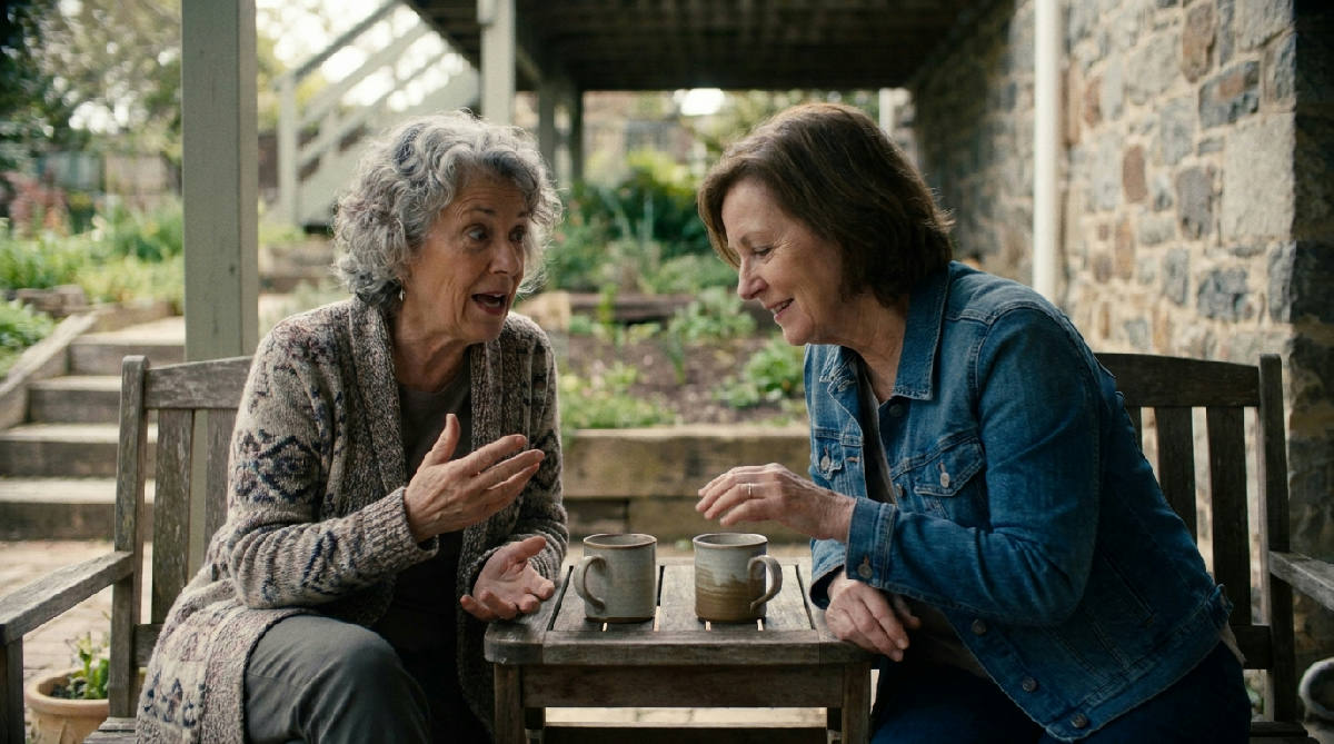 Two older women friends on a back porch, one telling a story with animated hands while the other leans in listening, two mugs of tea on a wooden table