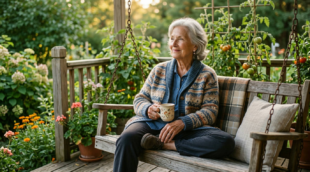 An elderly woman in a patterned cardigan sits on a wooden porch swing at golden hour holding a mug, smiling softly as if a happy memory has just arrived, tomato plants and flowers behind her