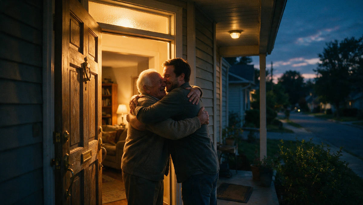 An elderly father and his adult son sharing a long goodbye hug in a warmly lit doorway at dusk, golden light spilling from the house behind them