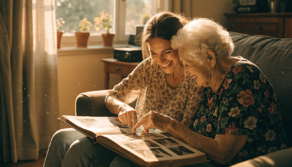 An adult daughter and her elderly mother sitting close together on a sunlit sofa, an open old photo album spread across their laps, both smiling and pointing at a photograph