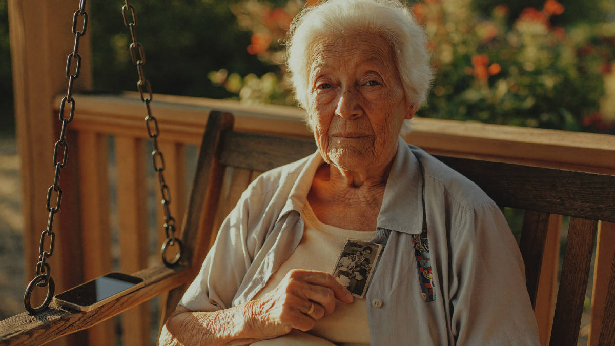 An elderly woman sitting alone on a wooden porch swing at golden hour, holding a small old photograph close to her chest, a smartphone resting beside her