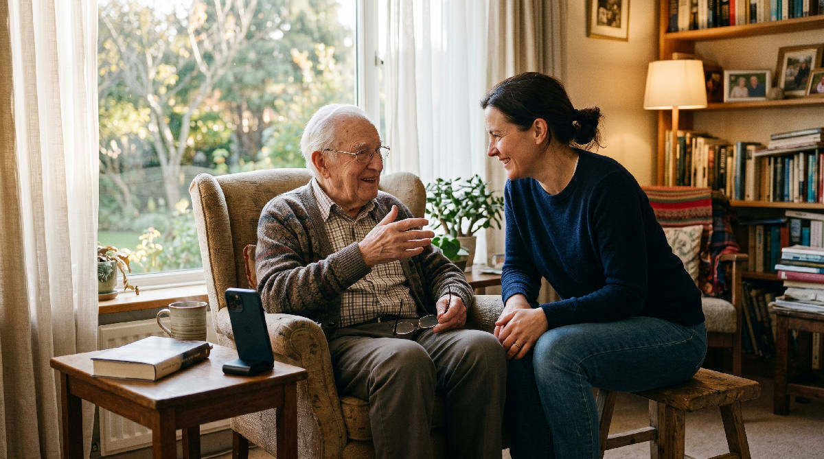 An elderly man sitting in a sunlit armchair beside a window, his adult daughter sitting close on a low stool next to him, both leaning in mid-conversation, a phone quietly recording on the side table