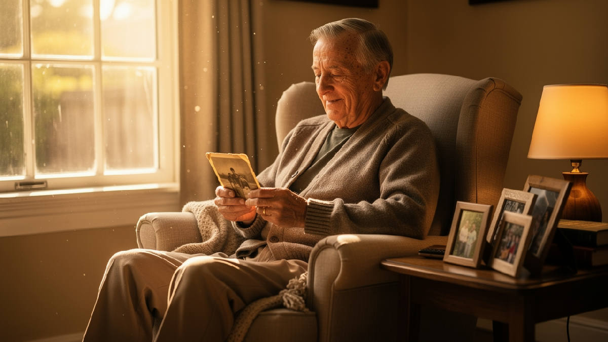 An elderly man sitting alone in a sunlit armchair by a window, holding an old photograph with a quiet, reflective expression
