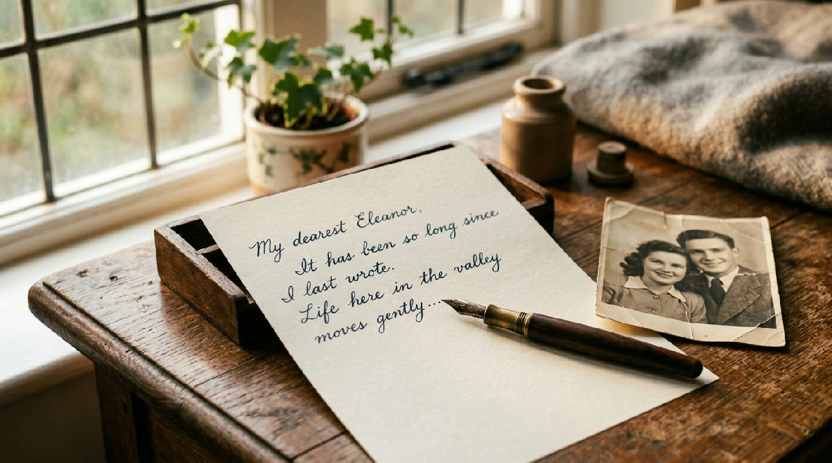 A leather journal, an old fountain pen, and a lit candle resting on a wooden desk in warm evening light