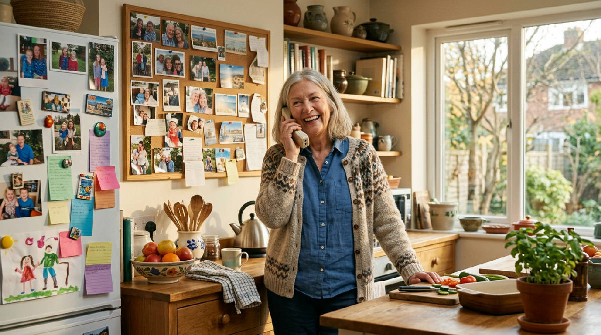 A smiling woman in her sixties standing in a sunlit kitchen, phone held to her ear mid-conversation, family photographs and postcards covering the fridge behind her