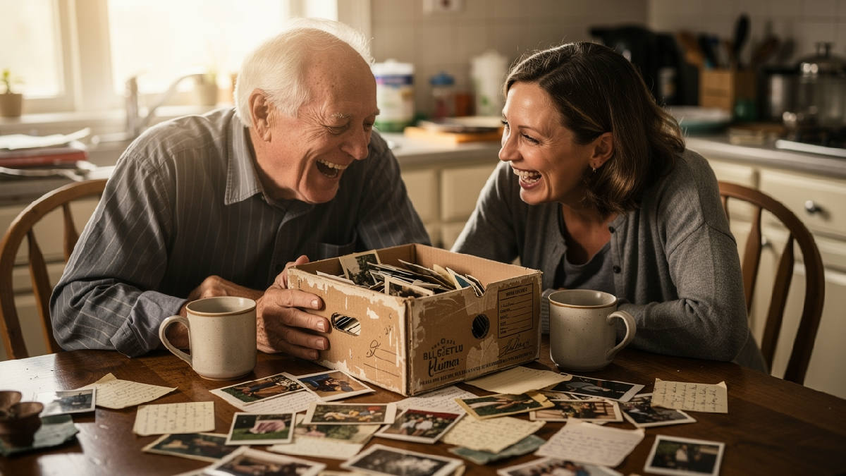 An older father and his adult daughter laughing together over a shoebox of old handwritten notes and snapshots on a kitchen table in morning light