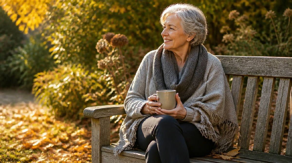 An older woman with silver hair sits on a weathered garden bench in autumn light, holding a mug and smiling as she looks off to the side