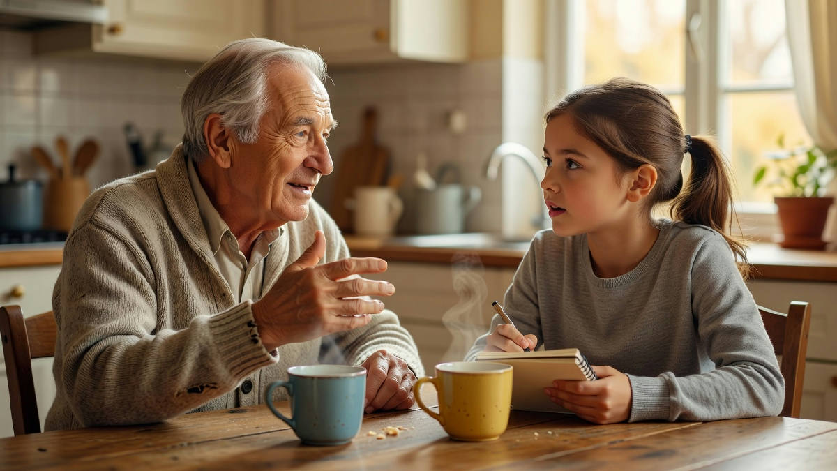 An elderly grandfather in a cardigan tells a story at a sunlit kitchen table while his adult granddaughter leans in with a small notebook, mid-question, two mugs of tea between them