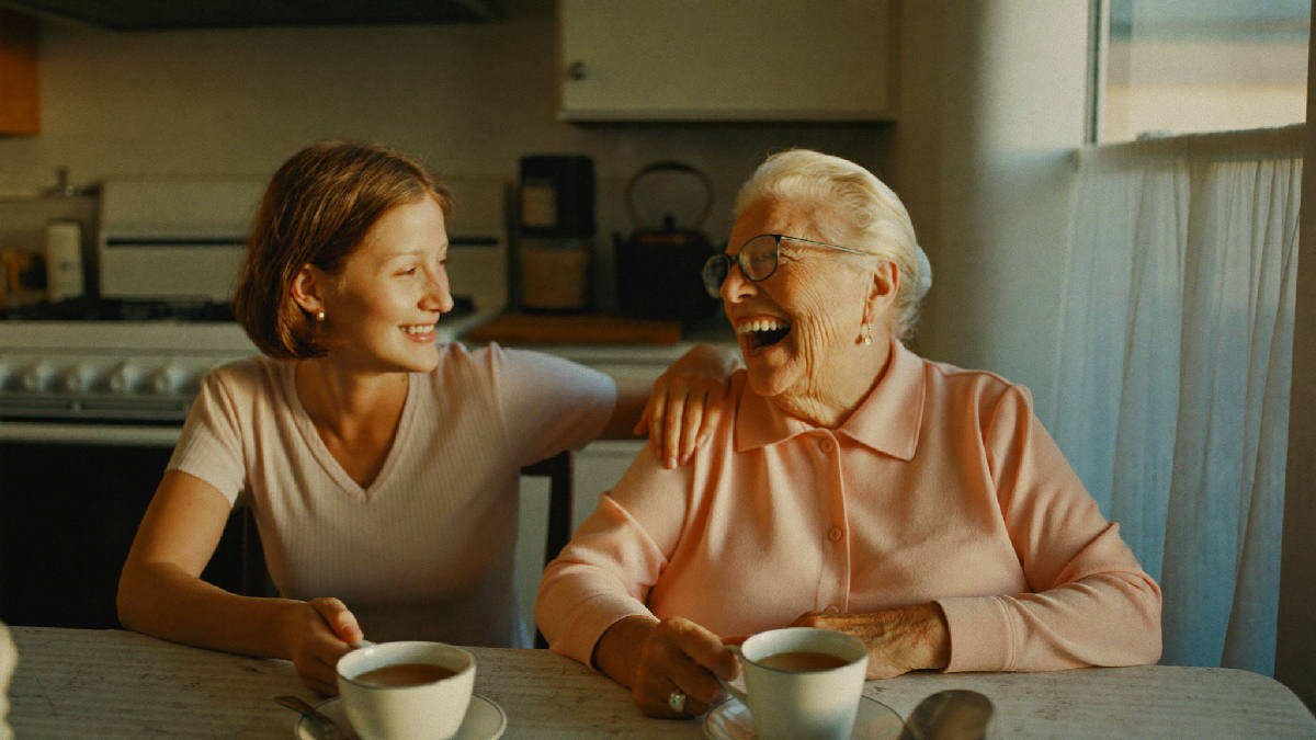 An elderly grandmother laughing warmly with her adult daughter at a cozy kitchen table in golden-hour light