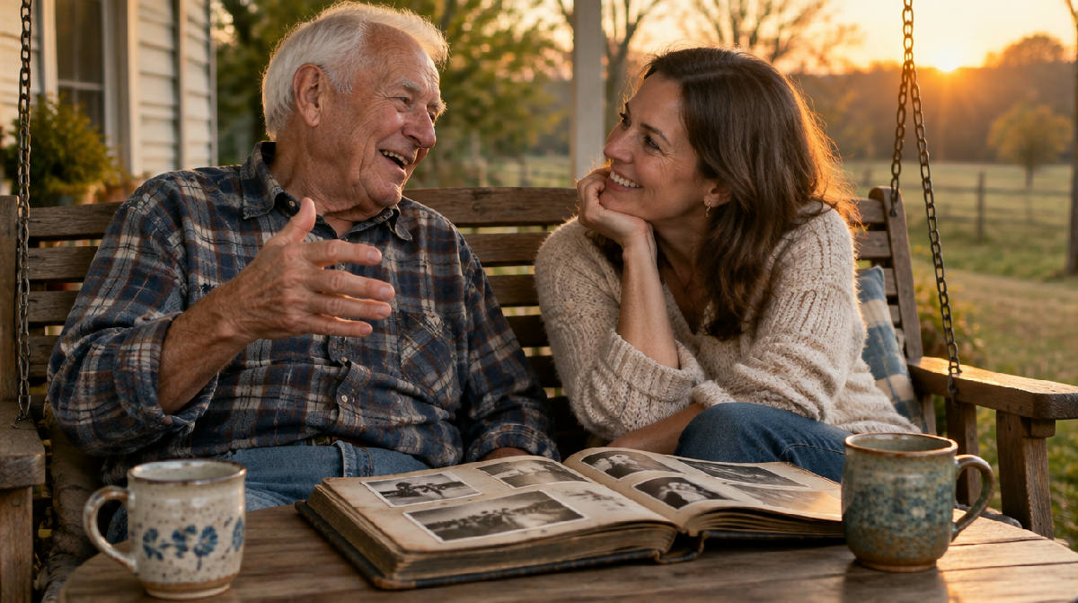 An elderly man with white hair laughs mid-story on a wooden porch swing at sunset while his adult daughter leans in to listen, an open photo album and two mugs on the table