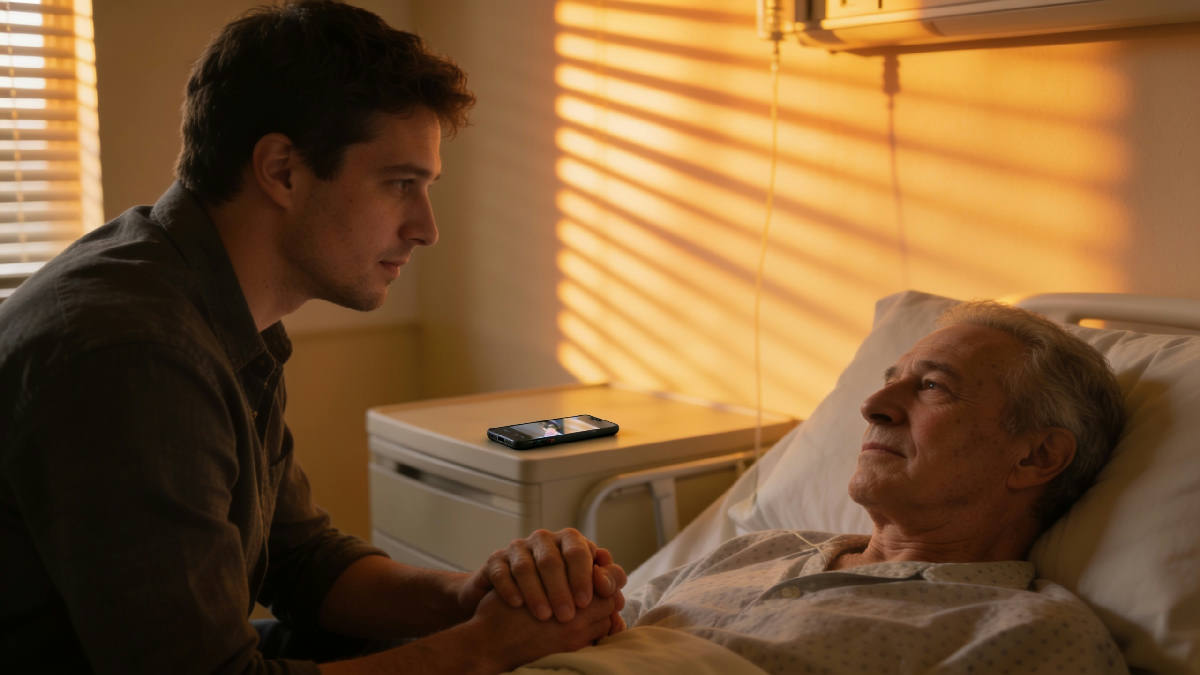 An adult son sitting close beside a hospital bed, gently holding his father's hand in warm afternoon light