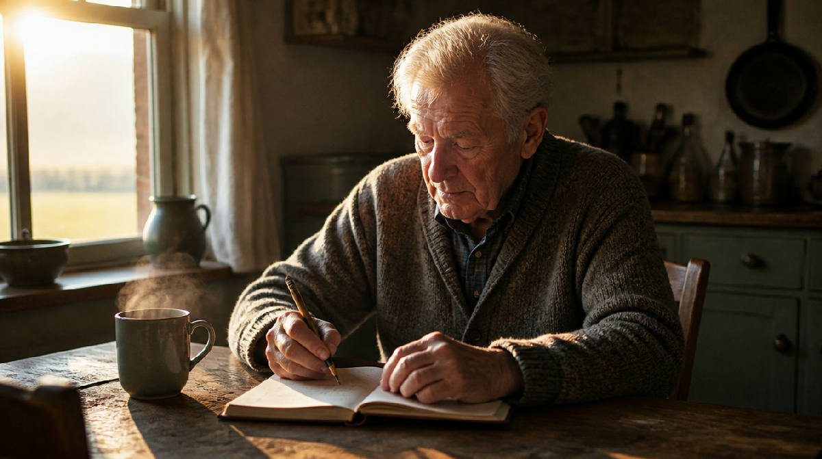A man in his seventies in a gray cardigan writing slowly in a notebook at a worn wooden kitchen table at sunrise, a steaming mug beside him