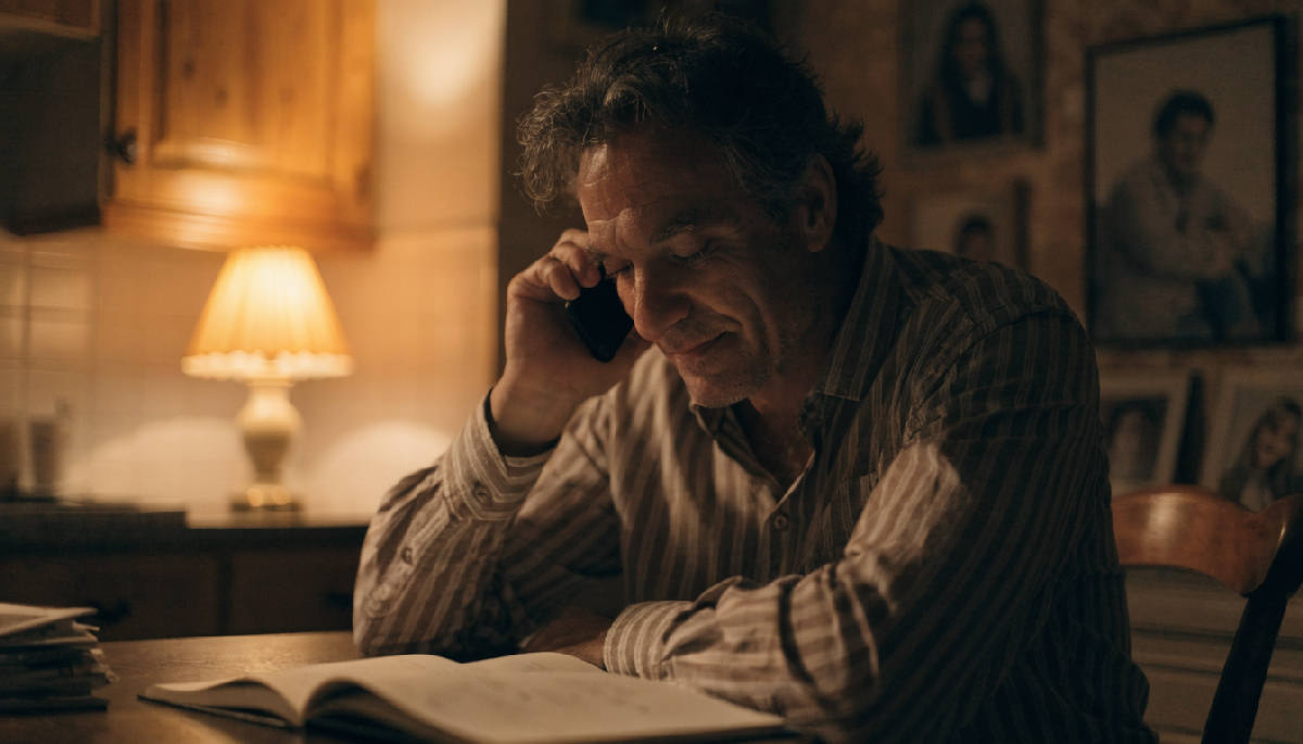 An adult son sitting alone at his kitchen table in the evening, phone held to his ear, a notebook open in front of him, warm lamp light, family photographs on the wall behind him
