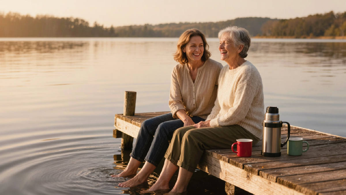 Two adult sisters laughing together on a wooden dock at a quiet lake in late afternoon light, a thermos and two mugs between them