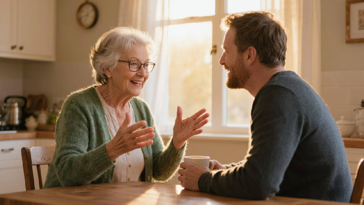 An elderly woman in a green cardigan speaks with expressive hands at a kitchen table while her adult son listens closely across from her, coffee cup in hand, in warm afternoon light