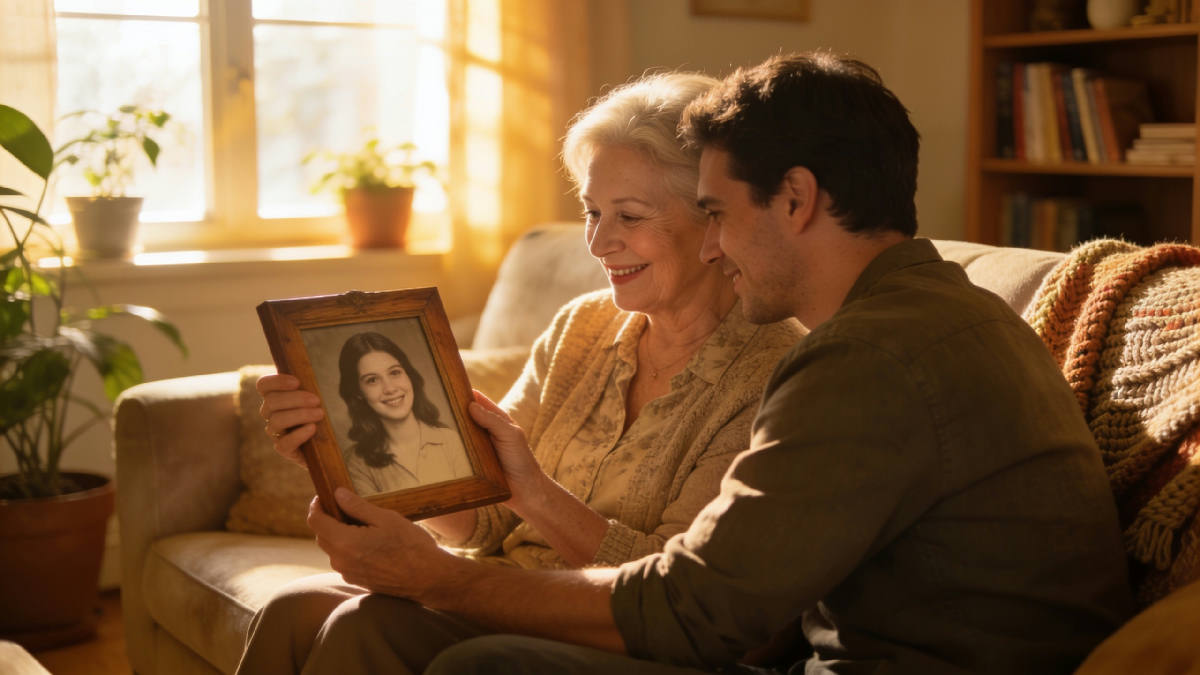 A woman in her sixties holds an old framed photograph of herself as a young woman and smiles, her adult son leaning in beside her on a sunlit living room sofa