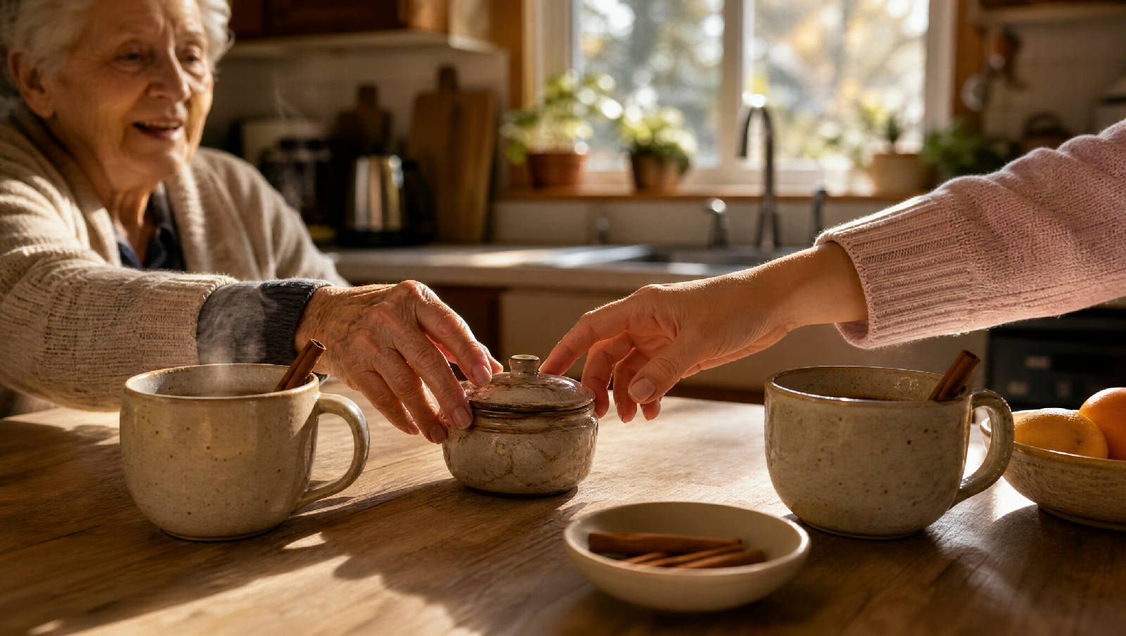 An adult daughter's hand and her elderly mother's hand both reaching for the same worn sugar bowl on a sunlit kitchen counter, steam rising from a mug of coffee