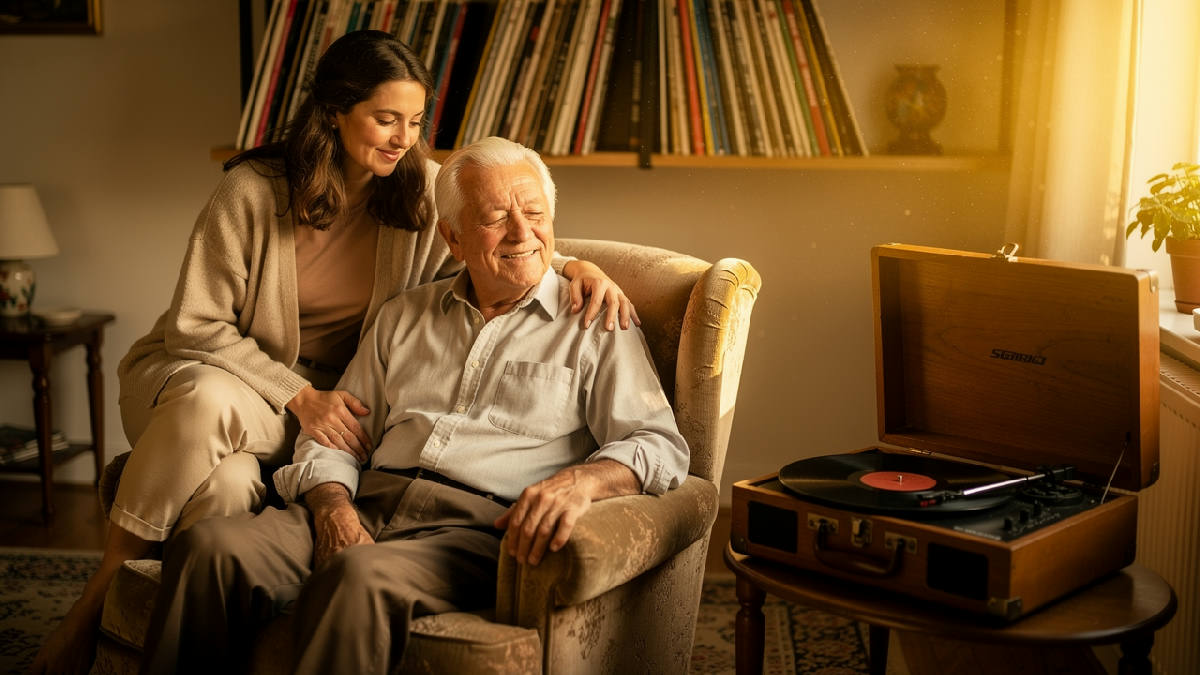 A white-haired grandfather sits in an armchair beside an old record player with his eyes closed and a smile, his adult granddaughter on the arm of the chair listening beside him in warm afternoon light