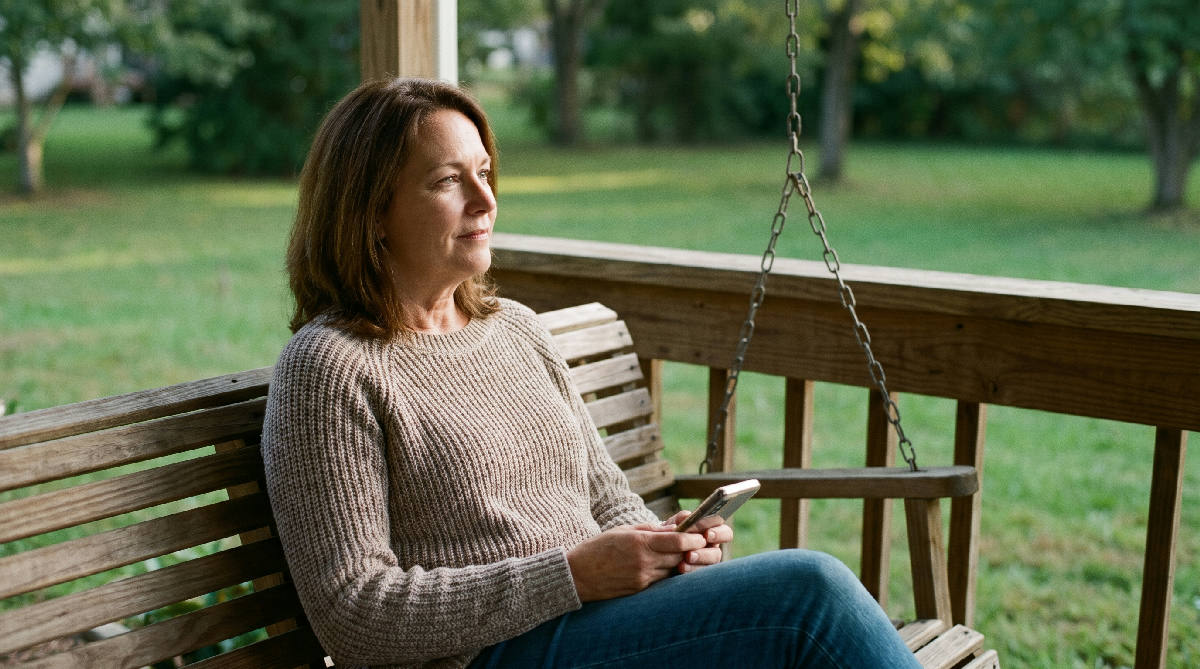 A woman in her mid-fifties sitting alone on a porch swing at golden hour, holding her phone loosely, gazing out at the yard with a thoughtful expression