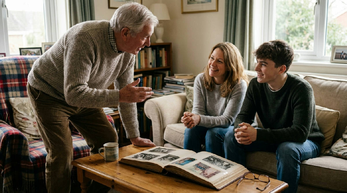 A silver-haired grandfather leans toward his adult daughter and grandson on a sofa, mid-story, with an open family photo album on the coffee table between them