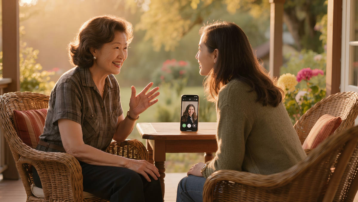 A woman in her early sixties telling an animated story on a golden-lit porch while her adult daughter listens closely, a phone recording on the table between them