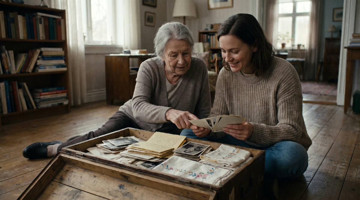 An elderly woman and her adult daughter sitting together on the floor of a sunlit attic, gently sorting through an open wooden trunk of old photographs and letters