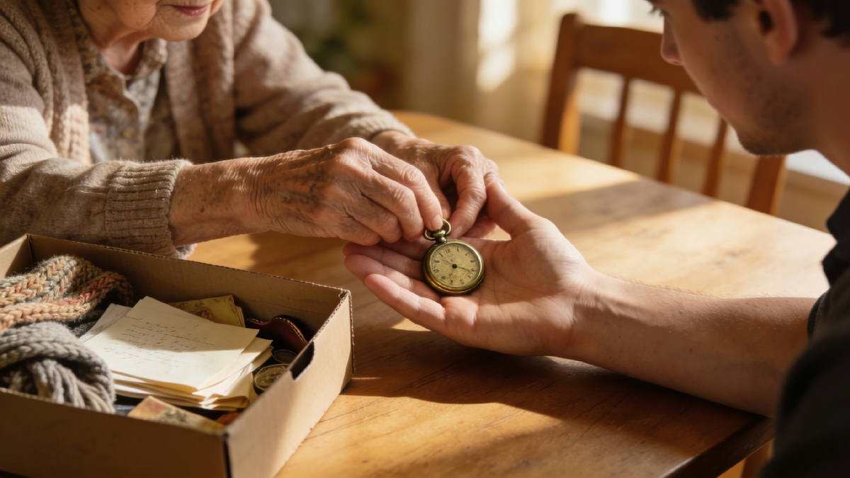 An elderly woman's hands place a small brass pocket watch into the open palm of her adult grandson at a sunlit wooden table, a cardboard box of old letters and a knitted scarf beside them